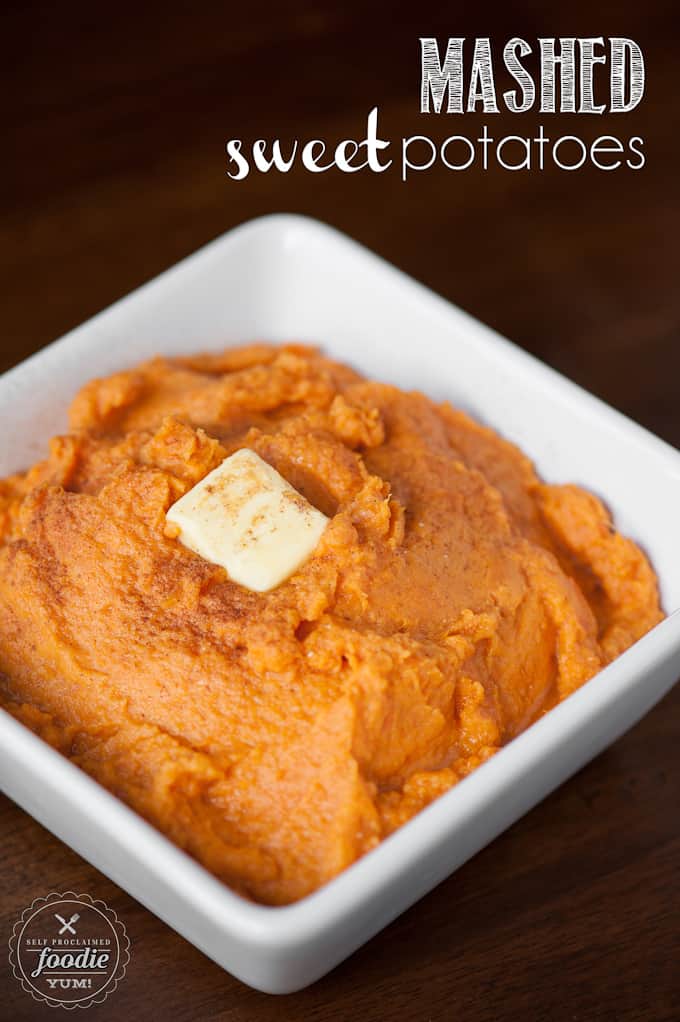 mashed sweet potatoes in white dish