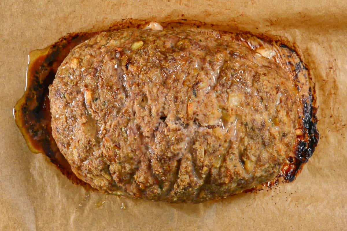 baked meatloaf on pan.