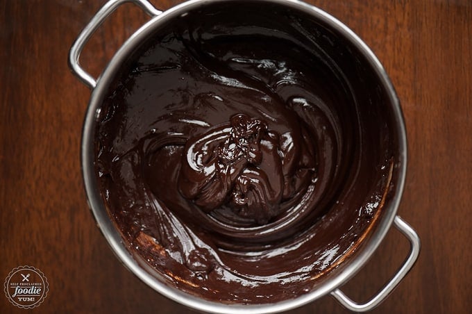 looking down at a bowl of chocolate ganache