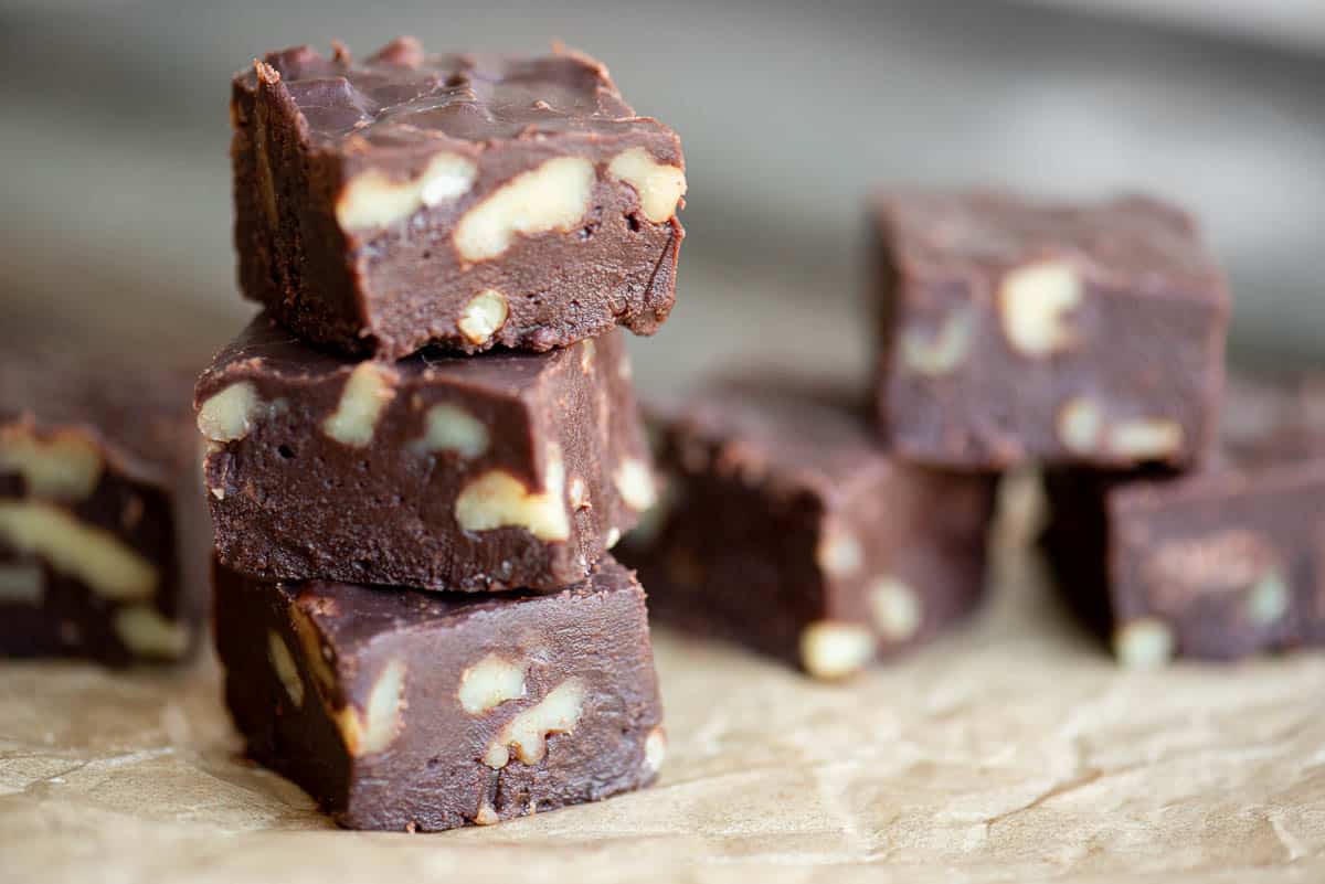 stack of homemade microwave fudge.