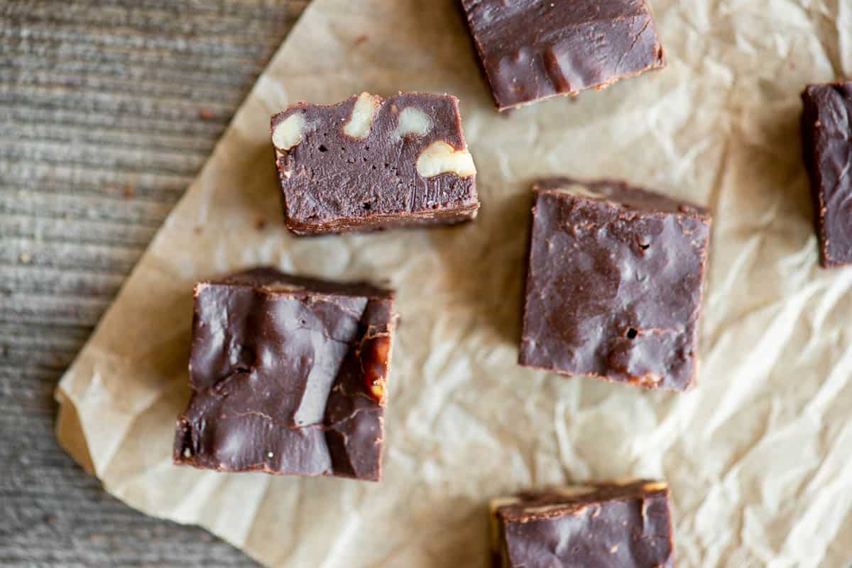 homemade microwave fudge cut into squares.