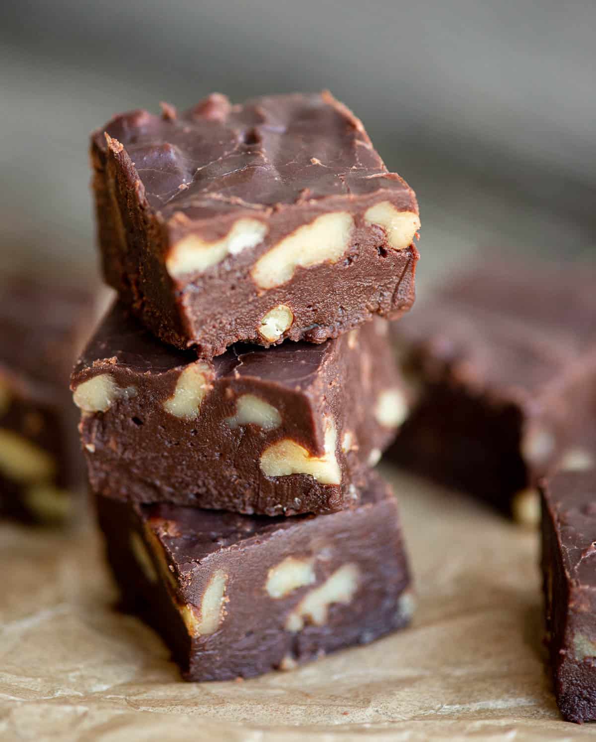 stack of chocolate fudge with walnuts.