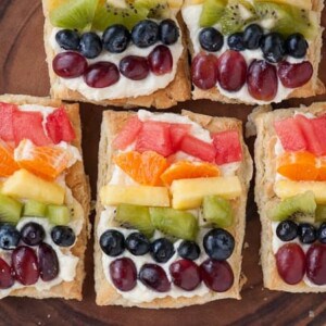 fresh fruit on cream and puff pastry squares