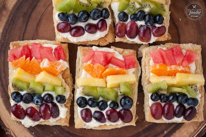 fresh fruit on cream and puff pastry squares