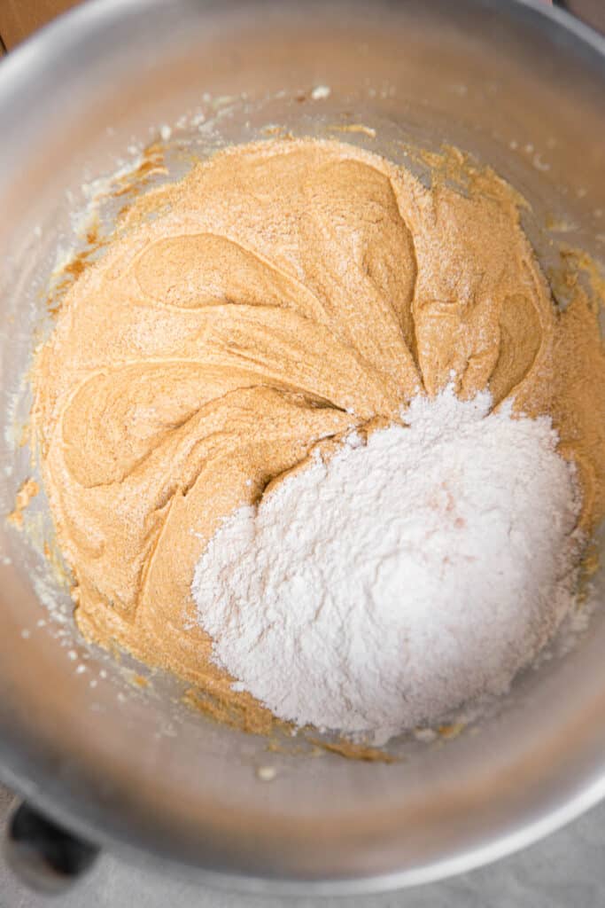combining wet and dry ingredients for soft Molasses Cookie recipe