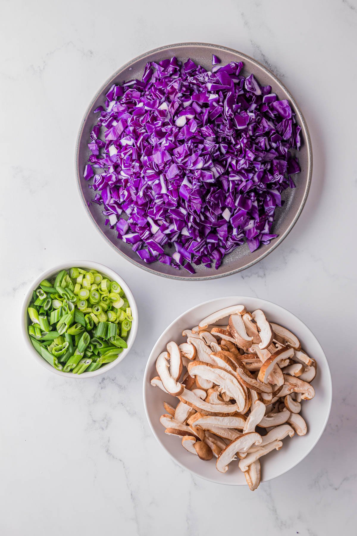 chopped purple cabbage, green onions, and mushrooms.