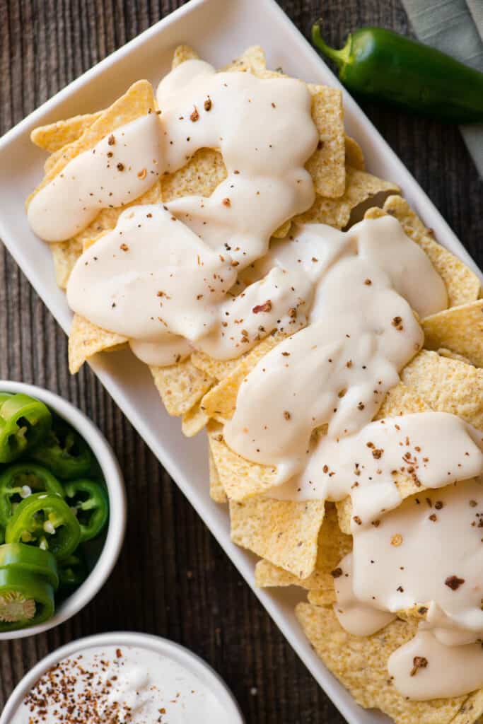 Homemade Nacho Cheese on top of tortilla chips