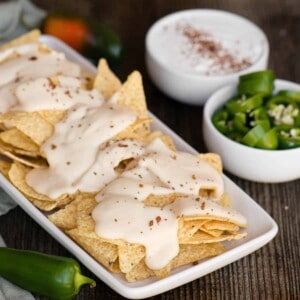 Homemade cheddar Nacho Cheese on chips