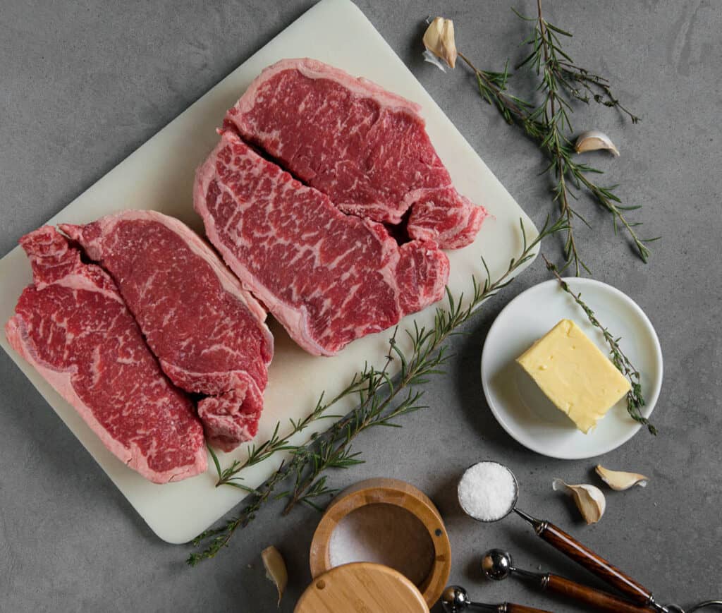 ingredients to make oven baked reverse seared New York Strip Steak