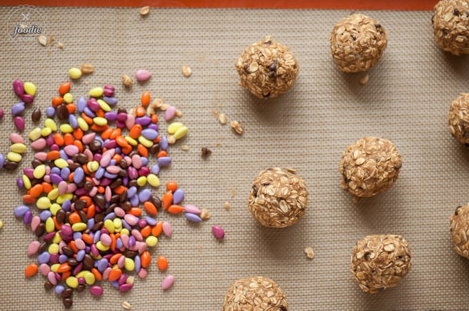 Chocolate Sunflower Oat Balls with chocolate covered sunflower seeds