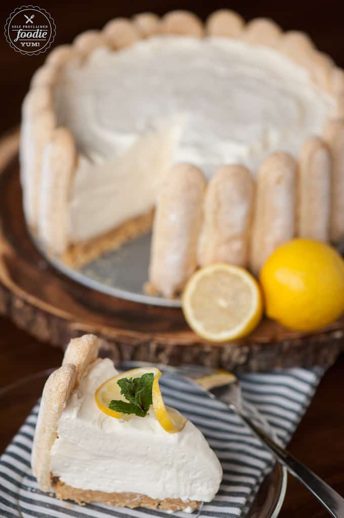 a piece of no bake lemon ladyfinger cheesecake