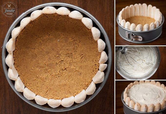 lady fingers in a pan with cheesecake bottom