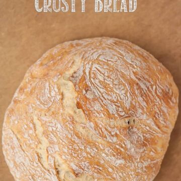 No bread machine or stand mixer needed for this chewy No-Knead Crusty Bread. All you need to make this easy recipe is time and a cast iron dutch oven.
