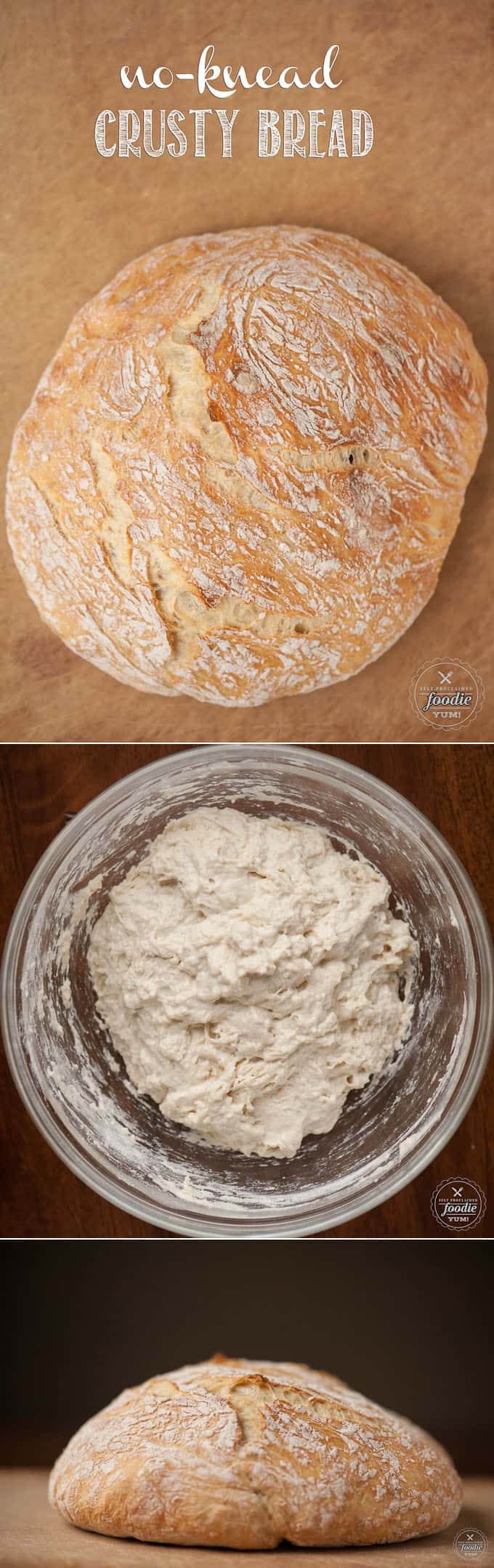 No bread machine or stand mixer needed for this chewy No-Knead Crusty Bread. All you need to make this easy recipe is time and a cast iron dutch oven.
