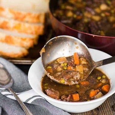 Old Fashioned Beef Stew is a hearty dinner with tender meat and soft potatoes that can be made in the crockpot or on the stove top.
