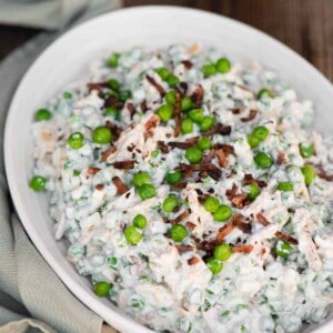 Pea Salad topped with bacon