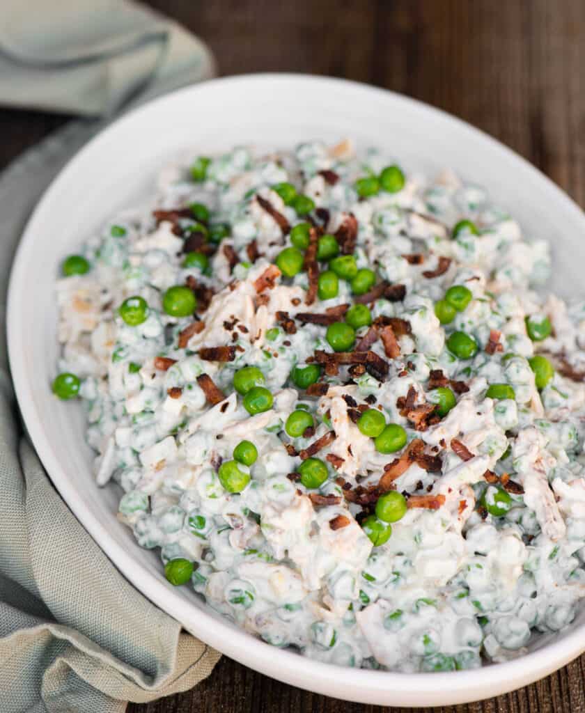 Pea Salad topped with bacon