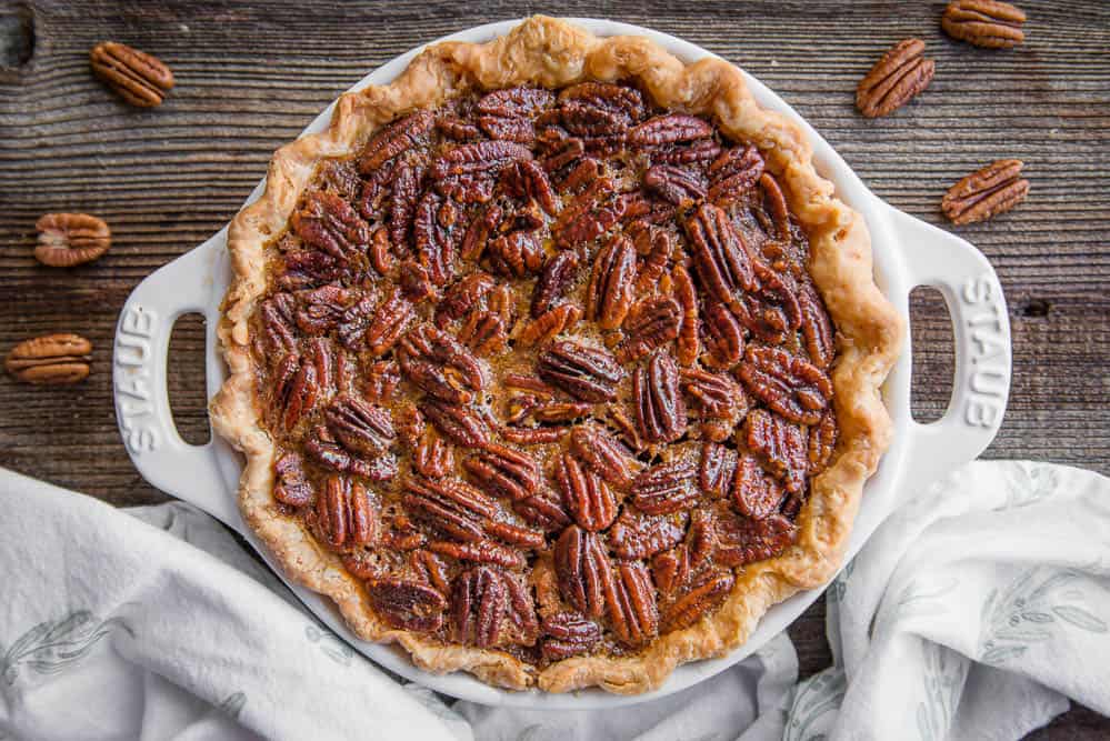 top view of whole pecan pie