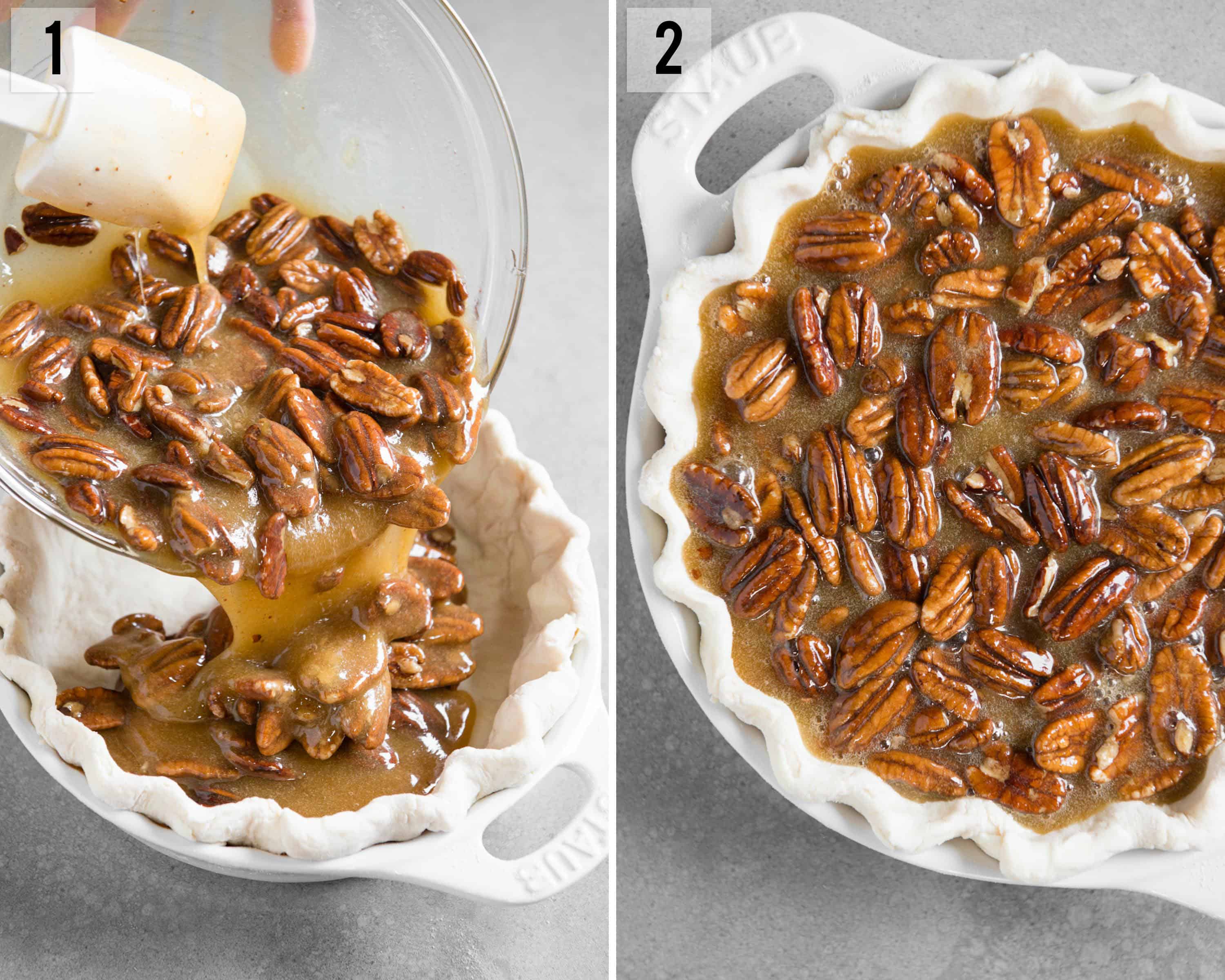 pecan filling getting poured into pie crust