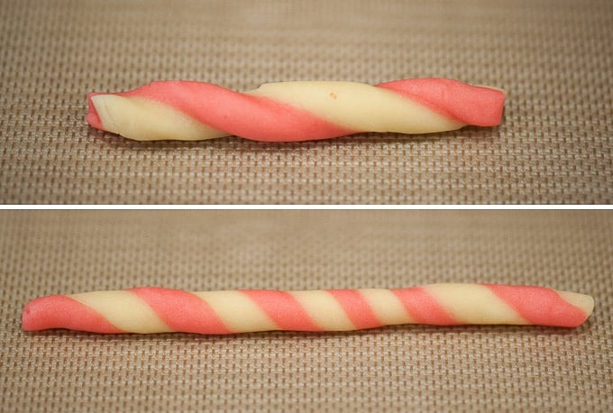 Peppermint candy cane twist cookie dough in a spiral