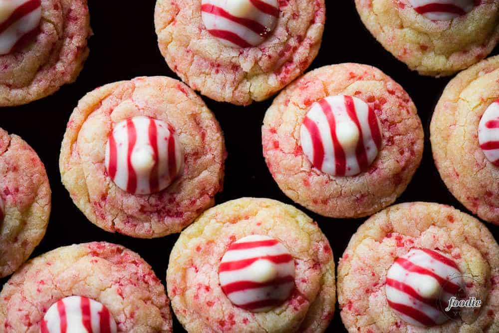 Peppermint Kiss Cookies made from sugar cookies and peppermint kisses