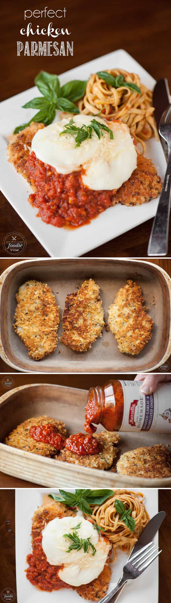 Perfect Chicken Parmesan is the best chicken parmesan recipe you'll find. Full of flavor, takes minutes to cook, and is my favorite chicken dinner recipe! #chickenparmesan #chicken #parmesan #mozzarella #sauce #baked #easy #recipe #best #oven #panko