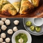 Ooey gooey melty Pesto Cheese Bombs with marinara sauce are super easy to make and will please any crowd. Make this appetizer for your next game day party!