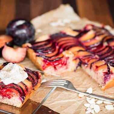 Thinly sliced fresh plum top this incredibly moist and flavorful cake. This Plum Almond Cake is not only easy to make, but it's a gorgeous dessert.