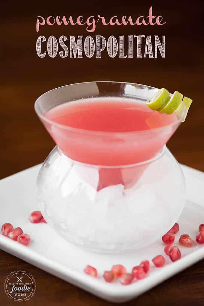 a pink pomegranate Cosmopolitan with vodka in glass