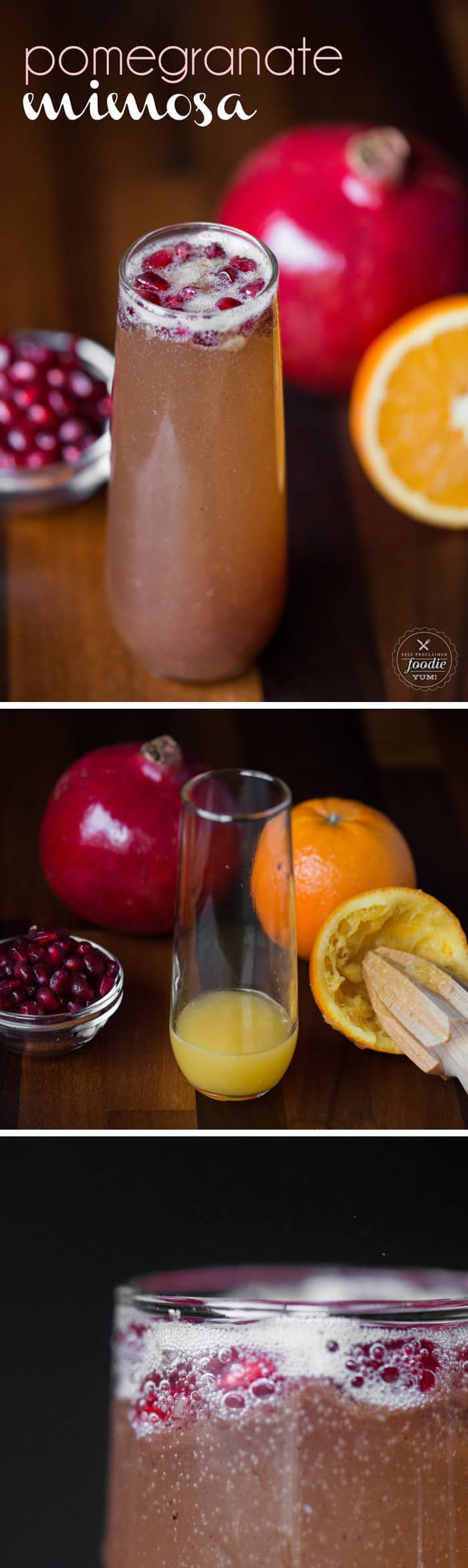 For your next winter celebration, enjoy a tasty Pomegranate Mimosa cocktail, made with pomegranate and orange juice, champagne, and a secret ingredient!