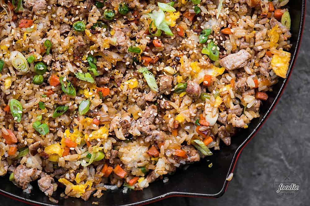 Authentic pork fried rice recipe with egg and vegetables