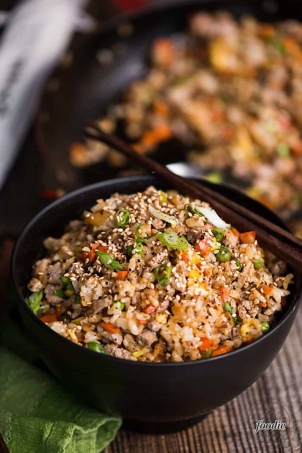 Pork Fried Rice in bowl with chop sticks