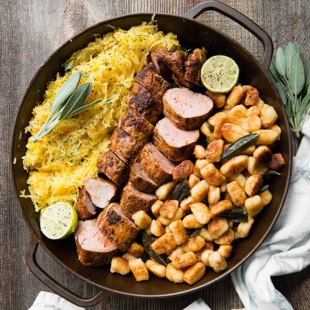 pork tenderloin in cast iron with gnocchi and spaghetti squash