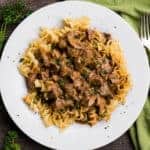 homemade Beef Stroganoff with fresh mushrooms over noodles