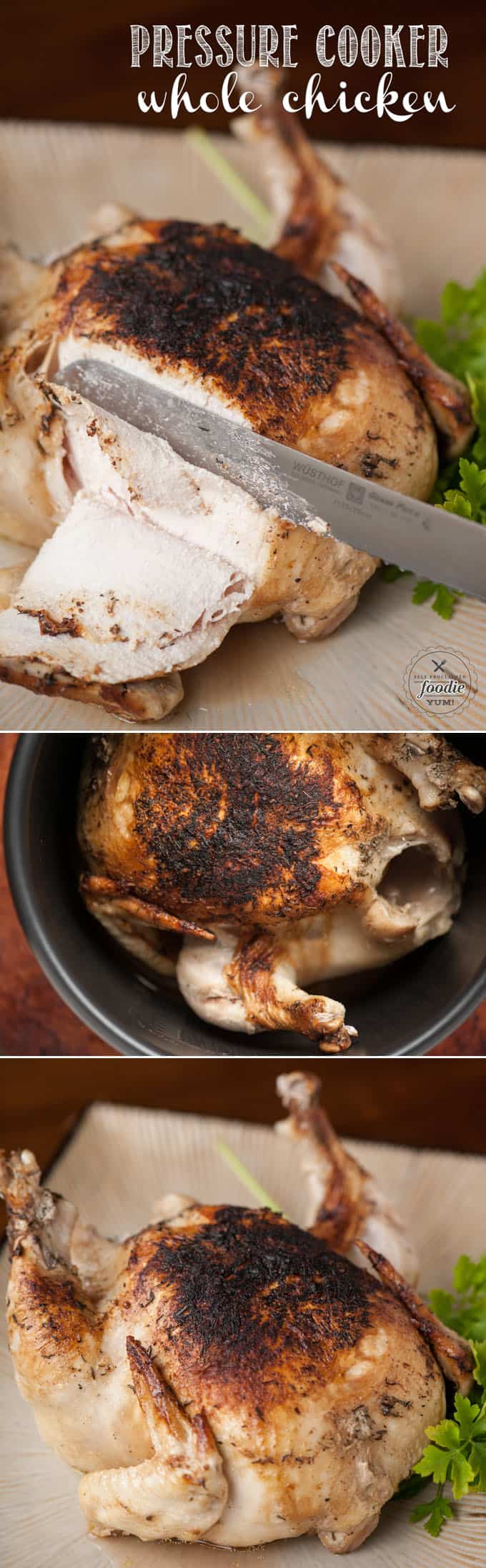 The only way to cook an entire moist and tasty chicken in under thirty minutes while locking in the most flavor is by making a PRESSURE COOKER WHOLE CHICKEN!