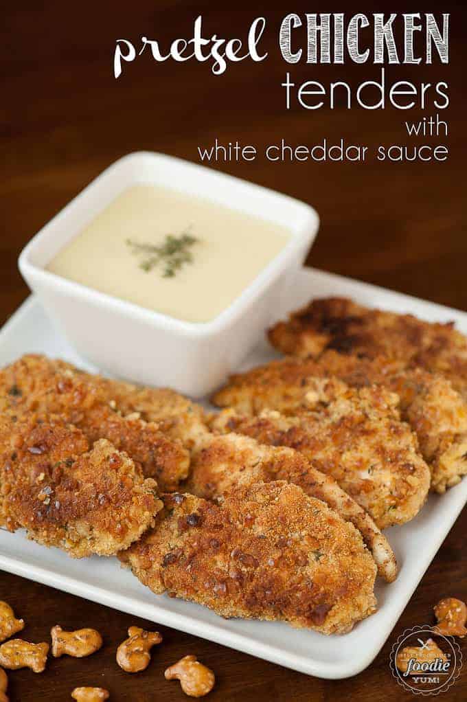 Pretzel Chicken Tenders with White Cheddar Sauce Self Proclaimed Foodie