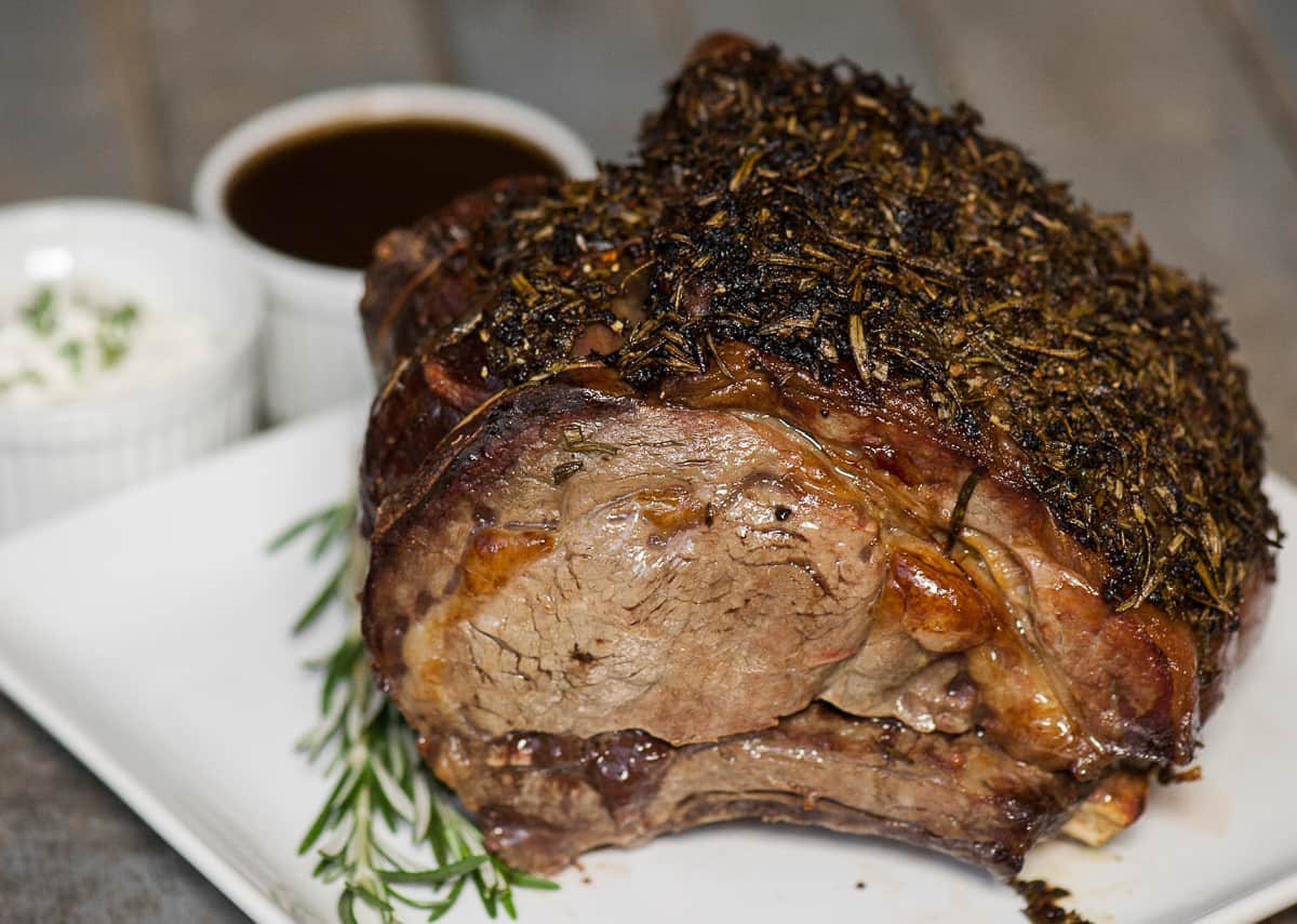 roasted prime rib with herb crust.