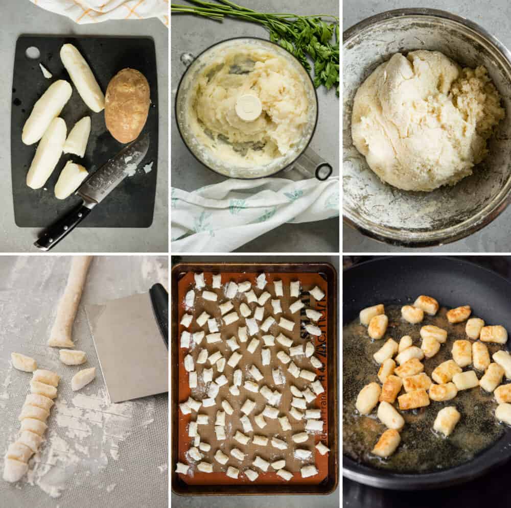 six process photos on how to make homemade gnocchi