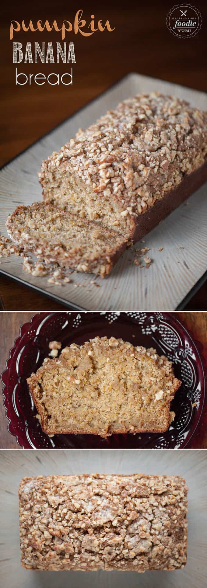 A piece of pumpkin banana bread with walnut streusel topping