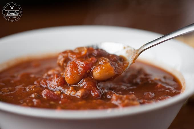 A close up of pumpkin beer chili