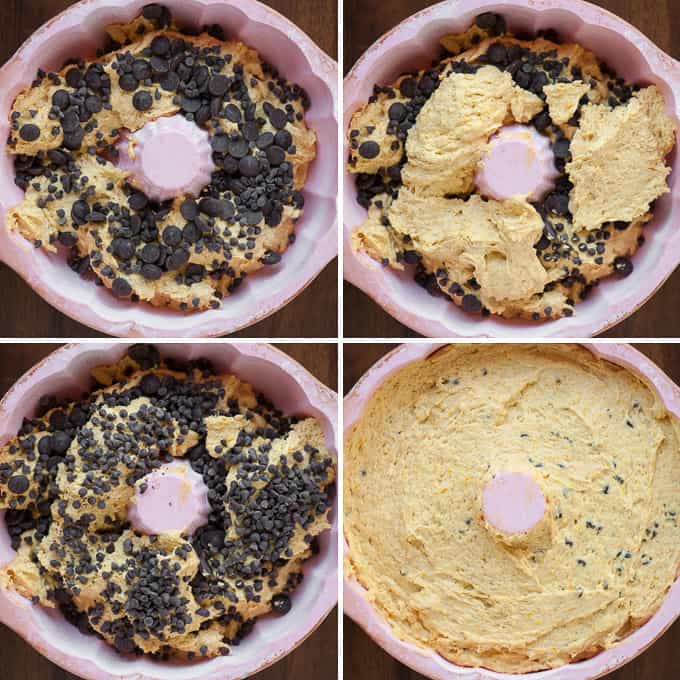 four stages of pumpkin chocolate chip bundt cake