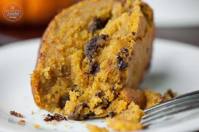 A close up of a slice of pumpkin chocolate chip bundt cake