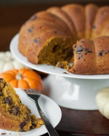 This incredibly moist homemade Pumpkin Chocolate Chip Bundt Cake has just the right amount of sweet by combining decadent cake with a chocolate chunk middle.