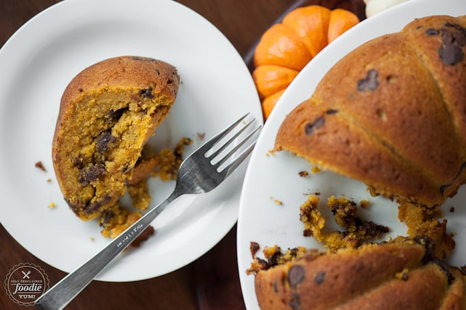 a slice of pumpkin chocolate chip bundt cake 