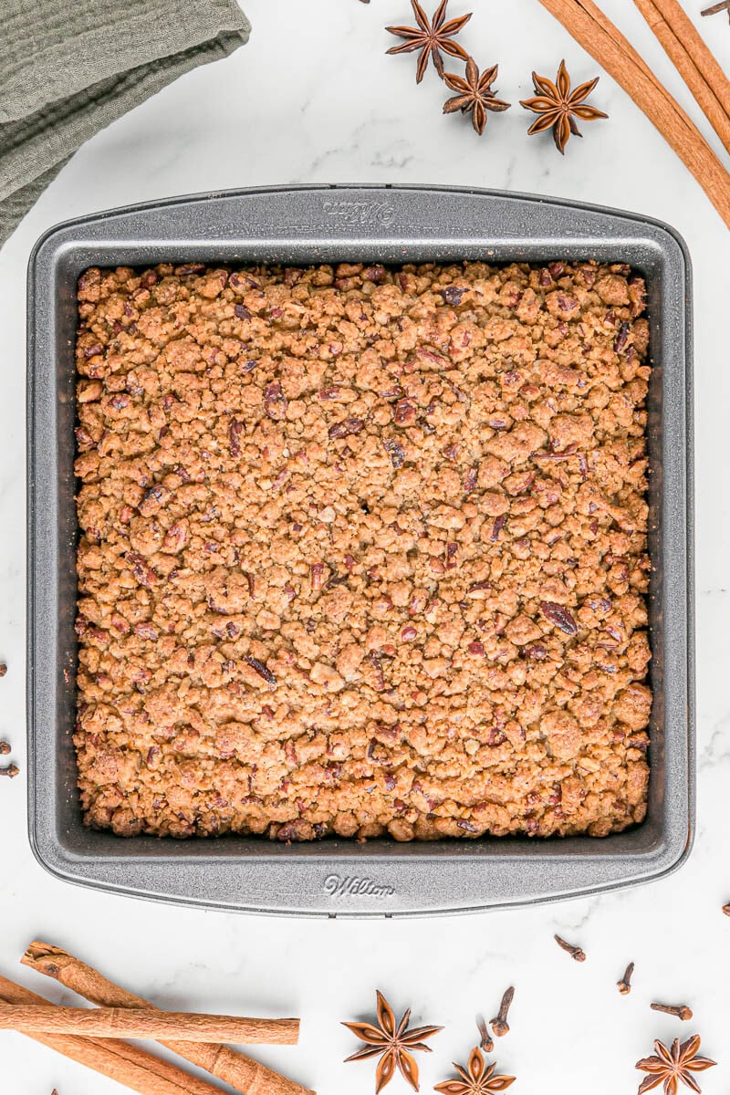 pumpkin coffee cake with pecan streusel topping.