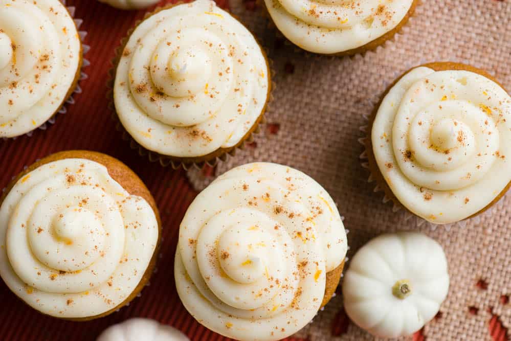 top view of Pumpkin Cupcakes with cream cheese frosting