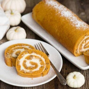 two slices of Pumpkin cream cheese Roll on white plate