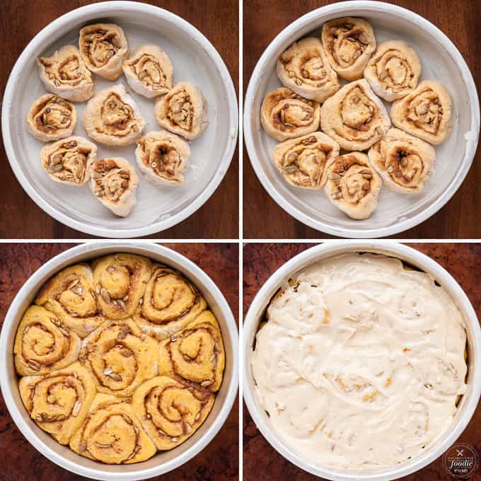 four stages of pumpkin spice cinnamon rolls