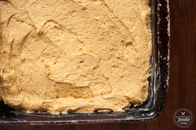 pumpkin coffee cake batter in pan