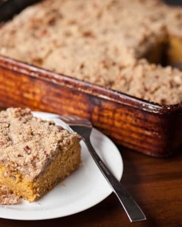 You will love this moist and delicious Pumpkin Streusel Coffee Cake for breakfast. It makes the perfect start to a cool and crisp Fall morning.